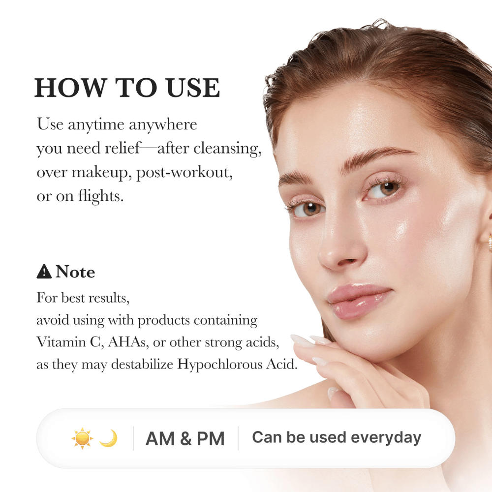 Anwendungsleitfaden, der ein Model mit mit Feuchtigkeit versorgter und strahlender Haut zeigt. Das Bild erklärt, dass das Spray nach der Reinigung, über dem Make-up, nach dem Training oder auf Reisen verwendet werden kann. Es enthält auch Informationen darüber, die Anwendung zusammen mit starken Säuren wie AHA und Vitamin C zu vermeiden.