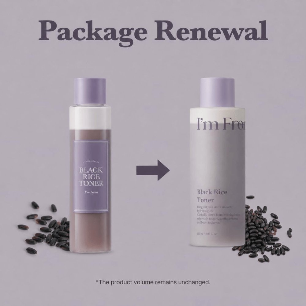 I'm From Black Rice Toner 150 ml, Vergleich zwischen der früheren transparenten Flasche und der neuen helllila Verpackung.