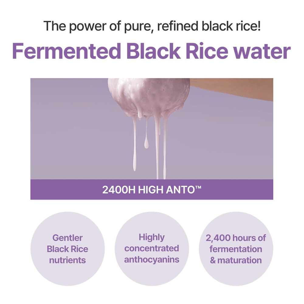I'm From Black Rice Toner mit fermentiertem schwarzem Reiswasser. Illustration der Eigenschaften der Inhaltsstoffe und des Fermentationsprozesses.