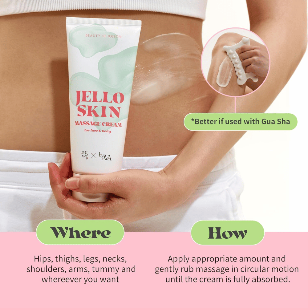 Beauty of Joseon Jello Skin Massage Cream wird auf Bauch und Körper für eine feuchtigkeitsspendende Massage mit sanftem und angenehmem Gleiten verwendet.