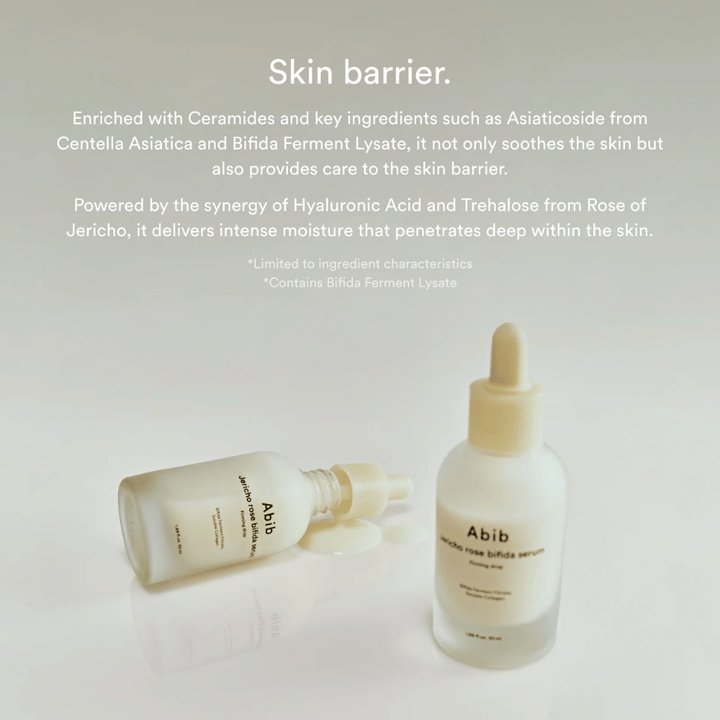 Produktbild von Abib Jericho Rose Bifida Serum zusammen mit Informationen zu Hautbarriere, Ceramiden und intensiver Feuchtigkeitsversorgung.