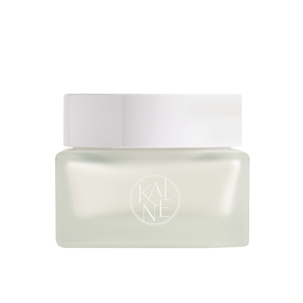 Ein weißer Behälter mit KAINE Vegan Collagen Youth Cream 50 ml mit einem weißen Deckel, der Anti-Aging und Feuchtigkeit fördert.