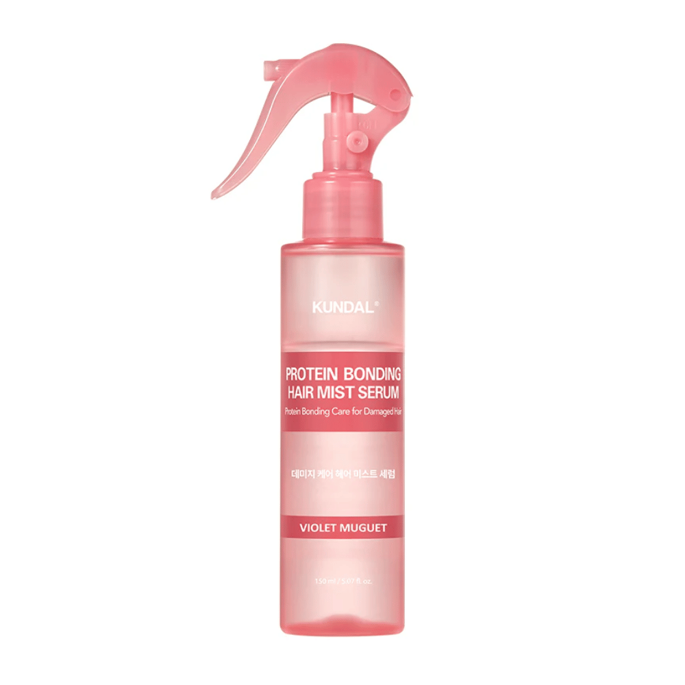 KUNDAL Protein Bonding Hair Mist Serum Violet Muguet in rosa Sprühflasche, 150 ml, für geschädigtes Haar mit stärkender und wiederaufbauender Wirkung.