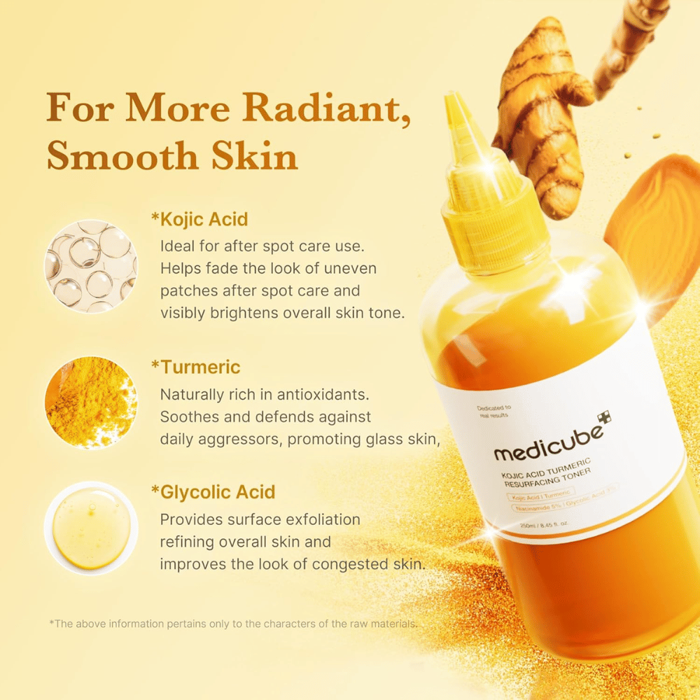 Inhaltsstoffbild für Medicube Kojic Acid Turmeric Resurfacing Toner mit Fokus auf Kojisäure, Kurkuma und Glykolsäure für Exfoliation, Ausstrahlung und einen ebenmäßigeren Hautton.