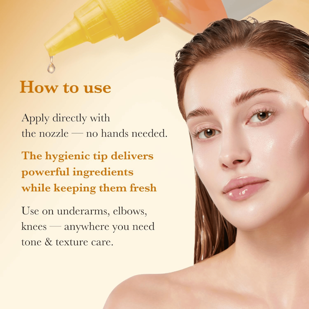 Anwendungsbild für Medicube Kojic Acid Turmeric Resurfacing Toner, das eine hygienische Anwendung direkt mit dem Spitzenapplikator für die Pflege von Hautton und Hauttextur beispielsweise an Ellenbogen und Knien zeigt.