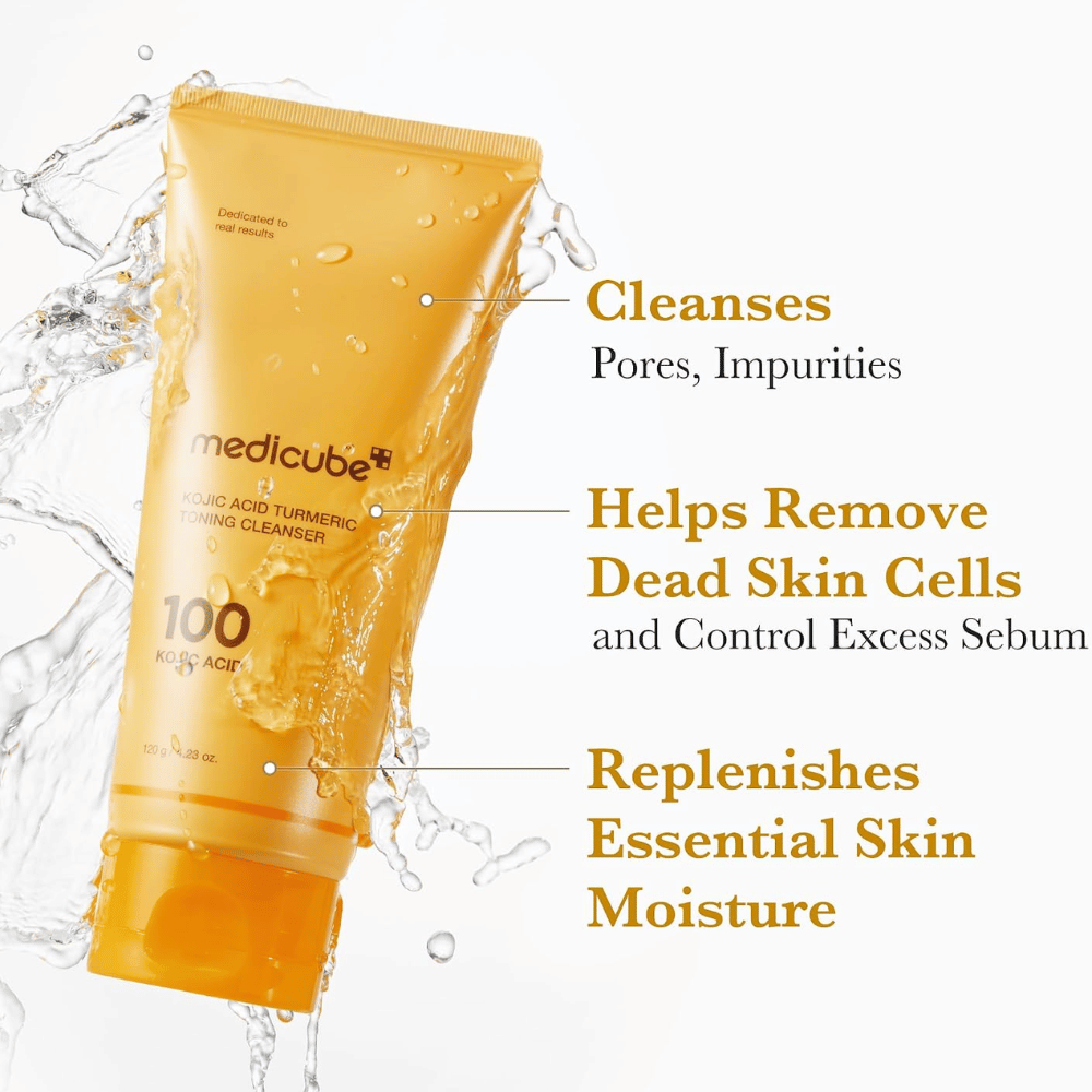 Medicube Kojic Acid Turmeric Toning Cleanser 120 g, Gesichtsreiniger, der Unreinheiten und abgestorbene Hautzellen entfernt. Gelbe Tube mit Wasserspritzern.