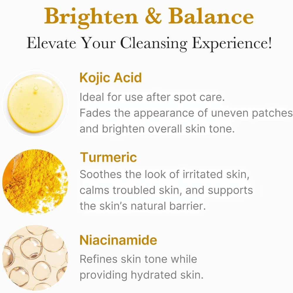 Medicube Kojic Acid Turmeric Toning Cleanser mit Kojisäure, Kurkuma und Niacinamid. Inhaltsstoffübersicht für einen ebenmäßigeren Hautton.