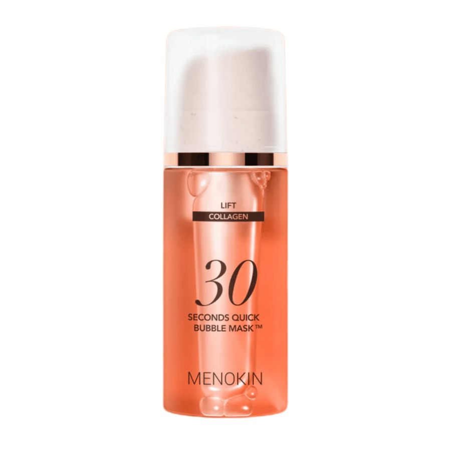 Freigestelltes Produktbild von MENOKIN LIFT 30 Seconds Quick Bubble Mask, das das stilvolle orangefarbene Design und die Pumpverpackung deutlich zeigt.