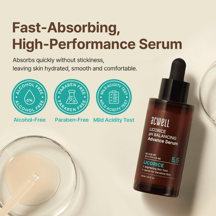 Informationsbild, das die schnell einziehende Formel des Serums hervorhebt sowie dass sie alkoholfrei, parabenfrei und pH-getestet für empfindliche Haut ist.