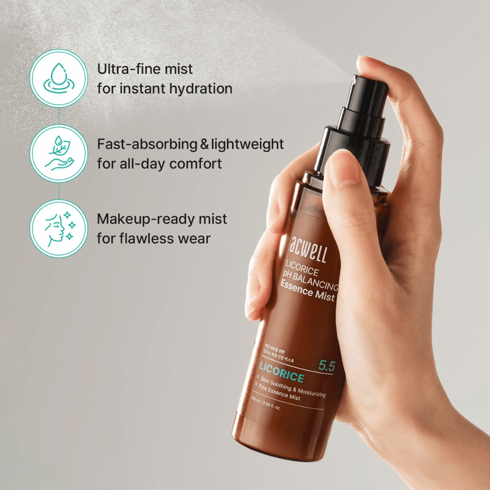 Acwell Licorice pH Balancing Essence Mist wird als fein verteilter Mist aufgesprüht. Leichte Formel, die schnell einzieht, sofort Feuchtigkeit spendet und sowohl mit als auch ohne Make-up funktioniert.