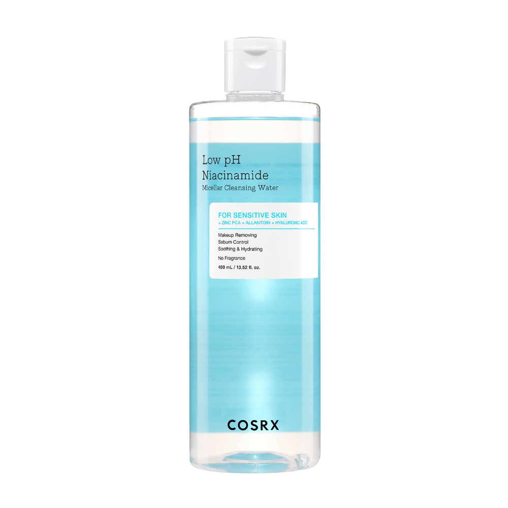 Flasche mit COSRX Low pH Niacinamide Micellar Cleansing Water, geeignet für empfindliche Haut.