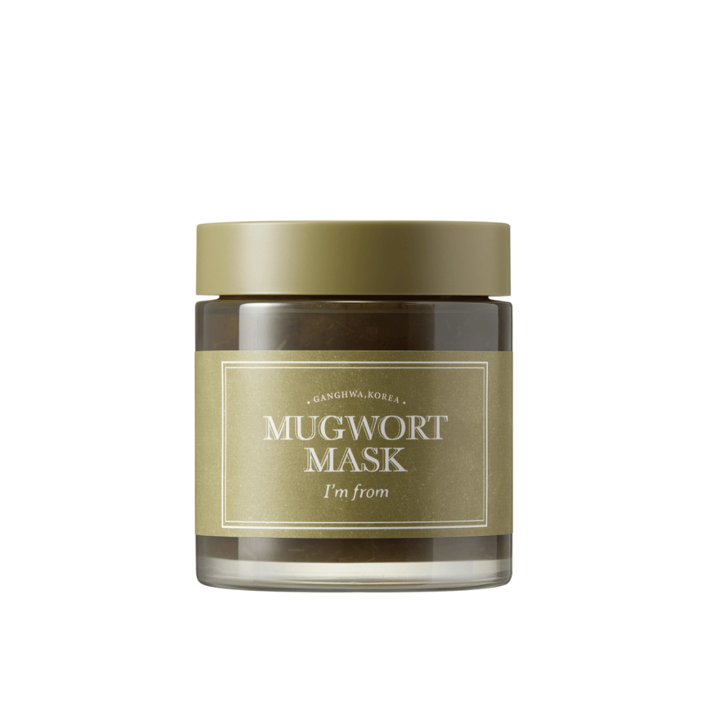 Produktbild von I'm From Mugwort Mask – eine grüne Gesichtsmaske in einem Glasbehälter mit olivgrünem Deckel und Etikett, fotografiert vor weißem Hintergrund.