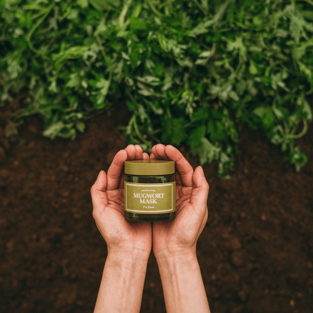 Händer som håller i I'm From Mugwort Mask mot en bakgrund av jord och färska gröna örter, vilket framhäver produktens naturliga ingredienser.