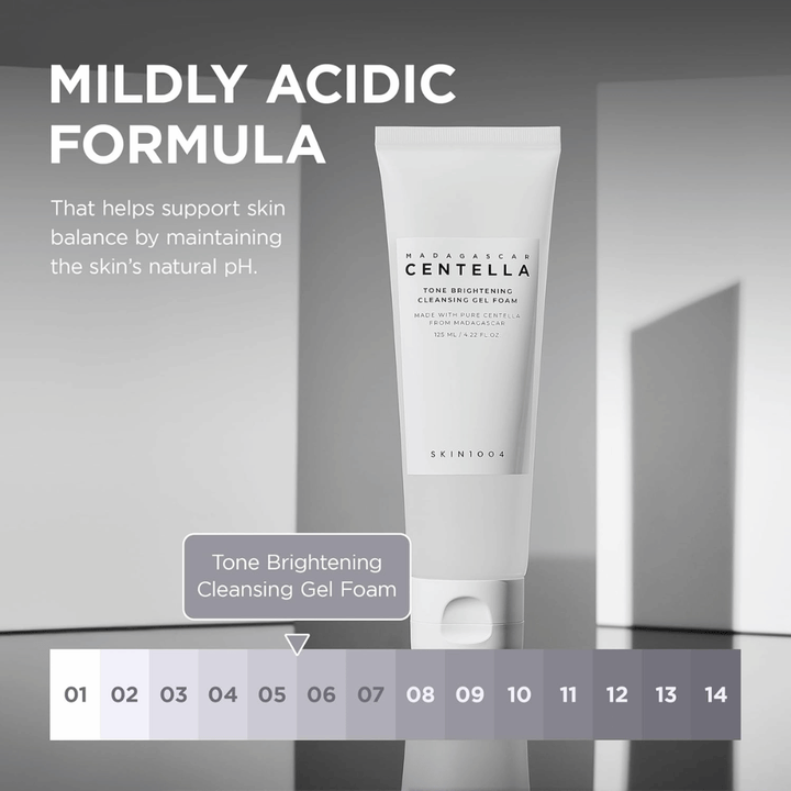 Informationsbild, das die mild saure Formel (niedriger pH-Wert) des Produkts beschreibt. Das Bild betont, wie die Reinigung dazu beiträgt, das natürliche Gleichgewicht der Haut zu bewahren, während die Haut gleichzeitig effektiv gereinigt wird.