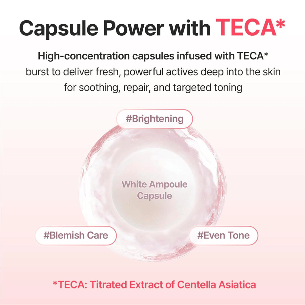 Inhaltsstoffbild, das mit TECA (Centella-Asiatica-Extrakt) angereicherte Ampullenkapseln zeigt, um zu mehr Ausstrahlung, einem ebenmäßigeren Hautton und der Pflege von Pigmentflecken beizutragen.