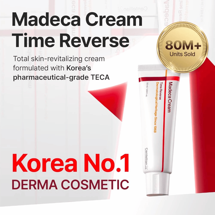 Centellian24 Madeca Cream Time Reverse wird als Koreas führende Derma-Creme mit TECA präsentiert, über 80 Millionen verkaufte Einheiten und Fokus auf Hauterneuerung und Barriereverstärkung.