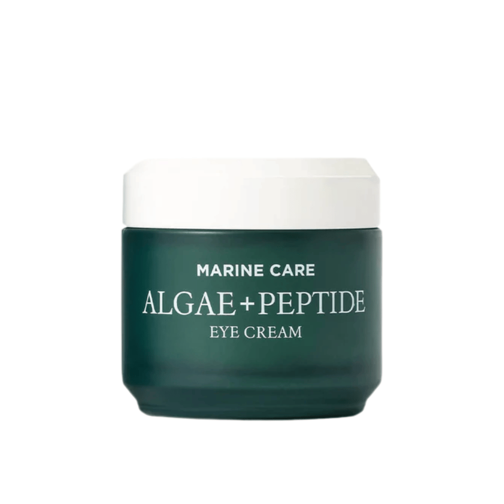 Heimish Marine Care Algae + Peptide Eye Cream in einem dunkelgrünen Behälter mit weißem Deckel. Eine Augencreme, angereichert mit Algen und Peptiden, um Feuchtigkeit zu spenden, aufzuhellen und feine Linien um die Augen zu reduzieren.