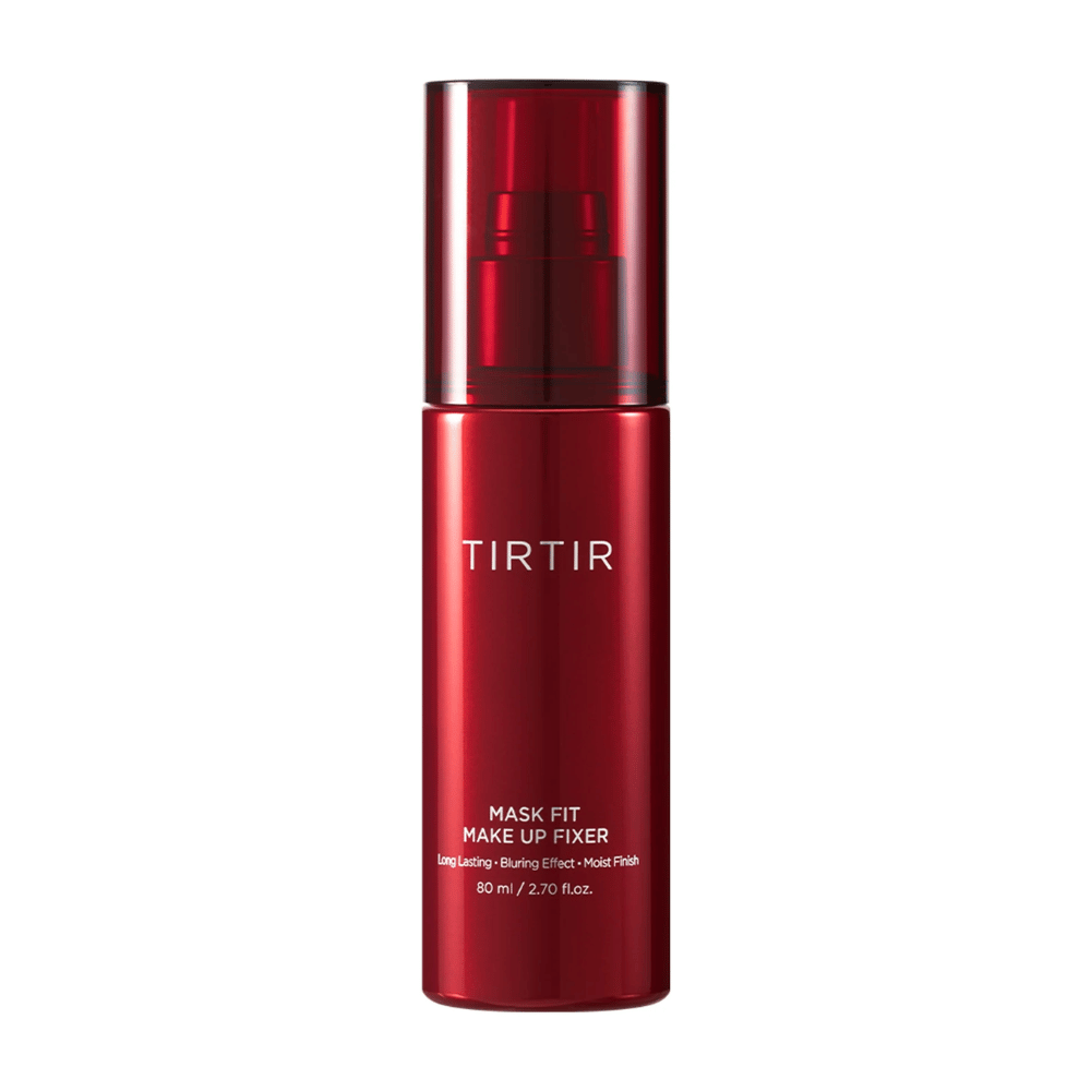 Eine rote Flasche TIRTIR Mask Fit Make Up Fixer auf weißem Hintergrund, entworfen für langanhaltende Make-up-Fixierung mit Weichzeichner-Effekt und feuchtem Finish.