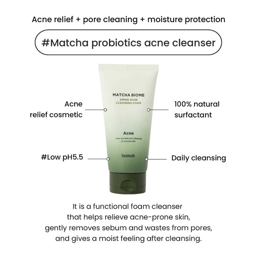 Heimish Matcha Biome Amino Acne Cleansing Foam low pH 5.5 – Akne-Reiniger, der Poren reinigt, Talg reduziert und die Haut mit Feuchtigkeit versorgt