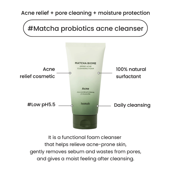 Heimish Matcha Biome Amino Acne Cleansing Foam low pH 5.5 – Akne-Reiniger, der Poren reinigt, Talg reduziert und die Haut mit Feuchtigkeit versorgt