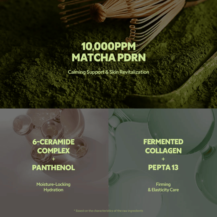 Matcha PDRN 10.000 ppm in TIRTIR Matcha Calming Cream, das Irritationen beruhigt, die Haut stärkt und revitalisierend wirkt.