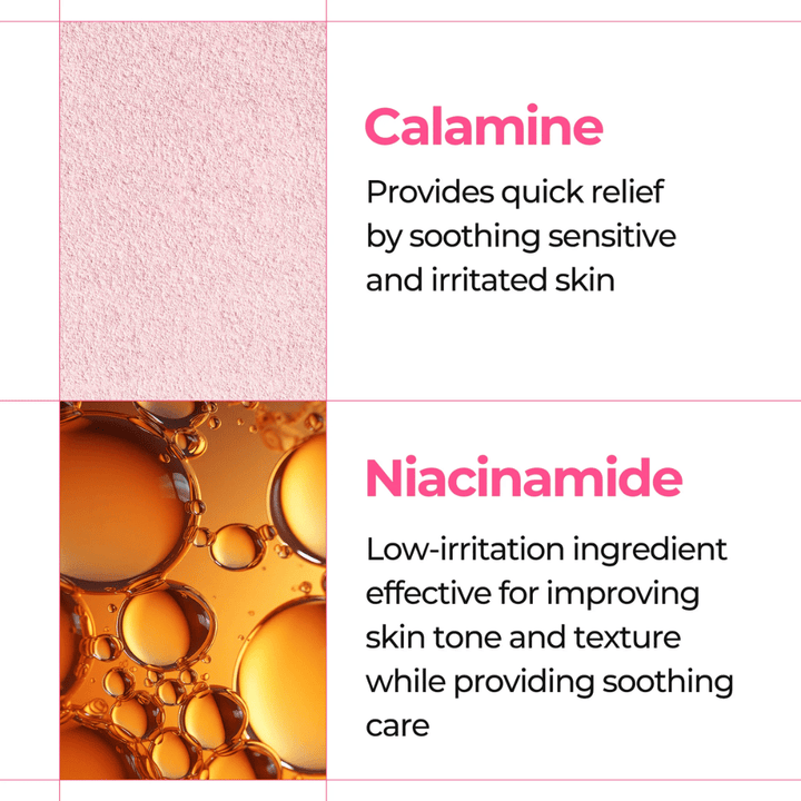 Nahaufnahme von Calamin und Niacinamid, die empfindliche Haut in Dr. Melaxin Melting Cleanser beruhigen