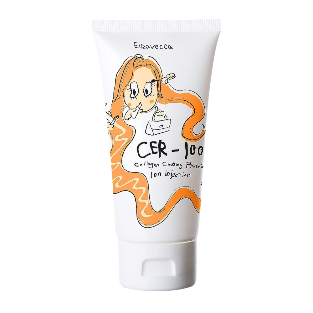 Produktbild von Elizavecca CER-100 Collagen Coating Protein Ion Injection mit illustrativem Design und orangefarbenen Details.