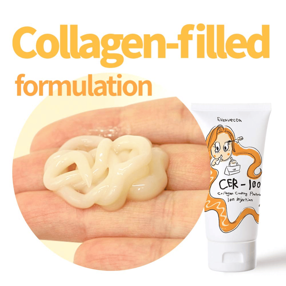 Nahaufnahme einer cremigen Haarbehandlung mit Kollagenformel zusammen mit einer Produkttube von Elizavecca.