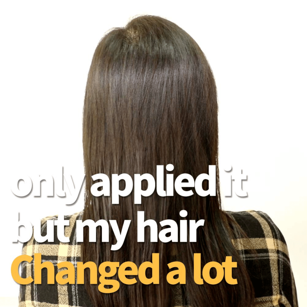 Vorher-Nachher-Bild, das weicheres und glänzenderes Haar nach der Anwendung der Haarbehandlung zeigt.