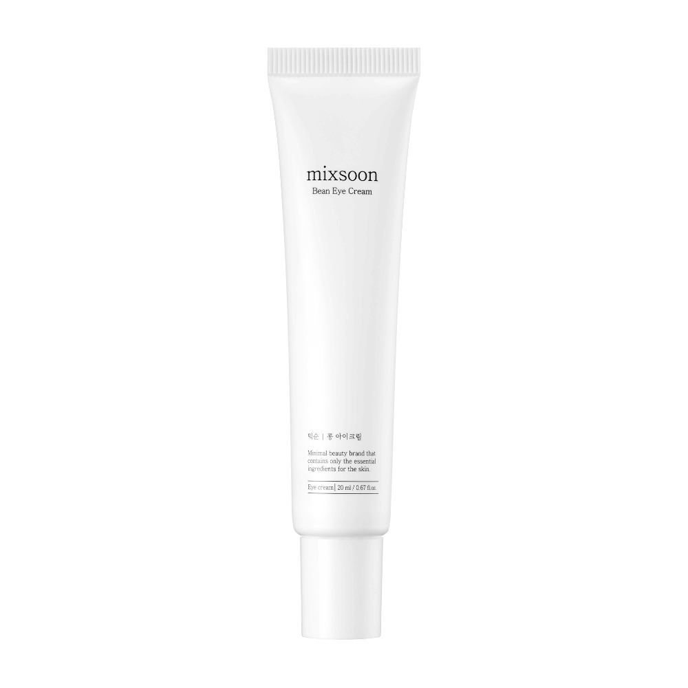 Eine weiße Tube Augencreme von Mixsoon, mit dem Etikett 'Bean Eye Cream', vor einem komplett weißen Hintergrund.
