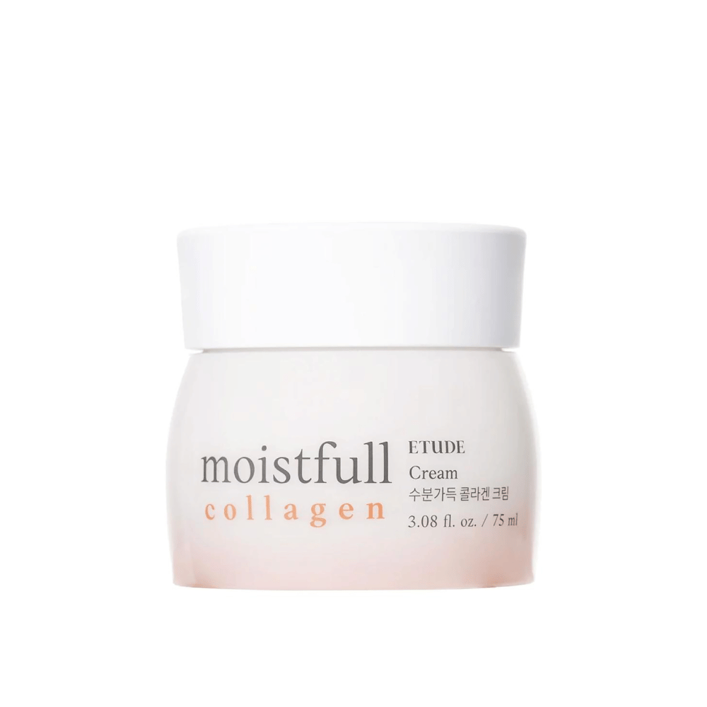 Eine Dose mit "Moistfull Collagen Cream" von ETUDE, weißer Hintergrund.