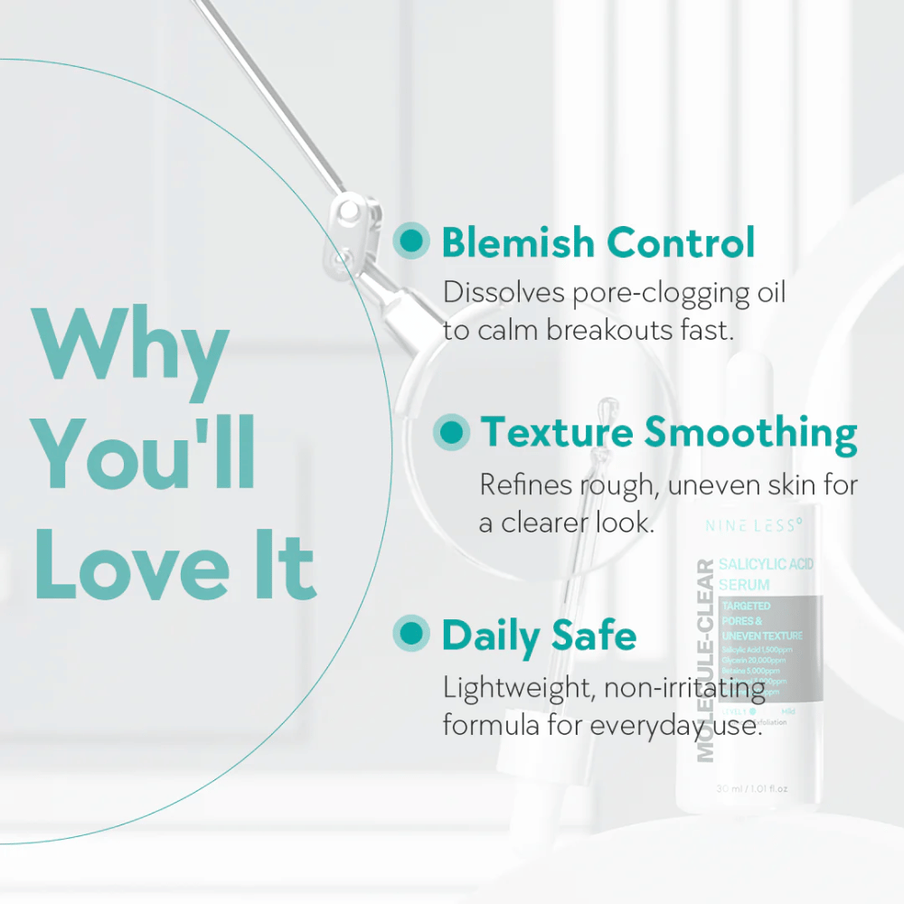 Vorteile von Nineless Molecule-Clear Salicylic Acid Serum: kontrolliert Pickel, indem es Poren auflöst, glättet die Hauttextur und ist sicher für die tägliche Anwendung.