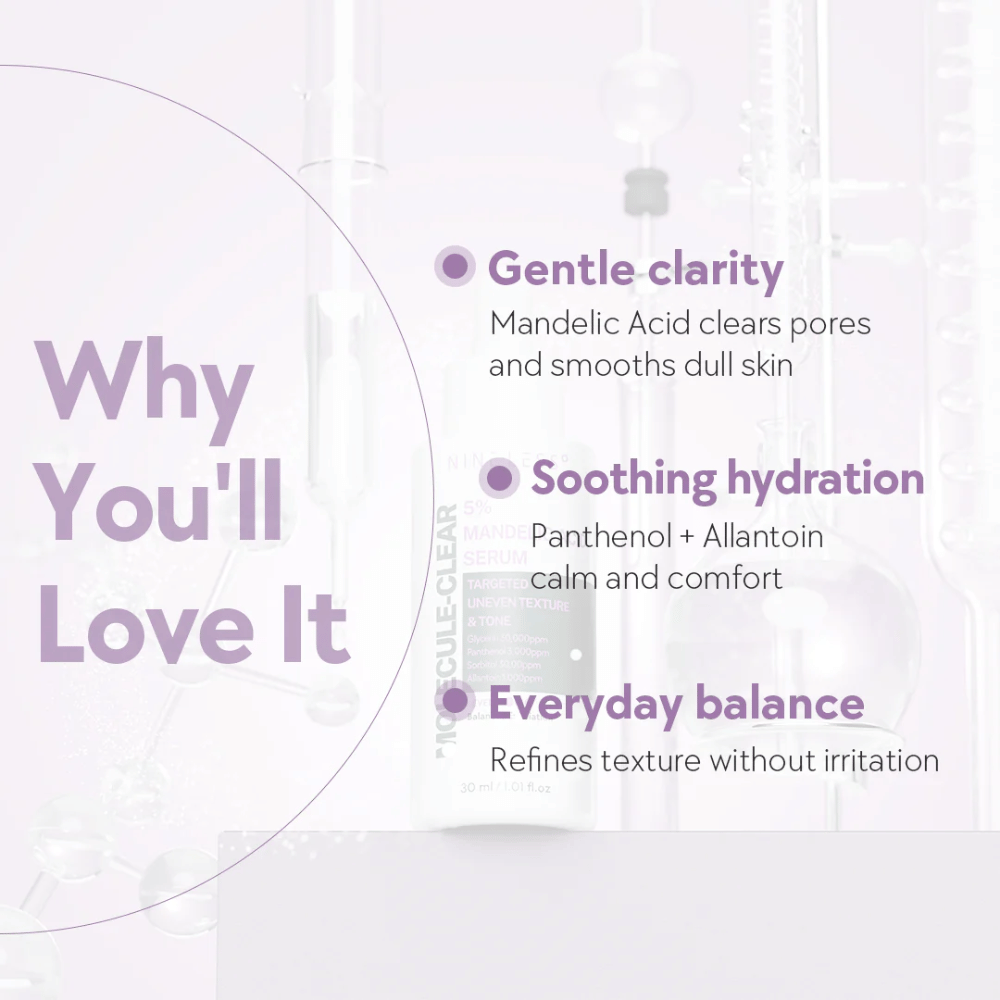 Grafik mit Text, der die Vorteile von Nine Less Molecule-Clear 5% Mandelic Acid Serum erklärt: milde Klarheit, beruhigende Feuchtigkeit und tägliche Balance für die Haut.
