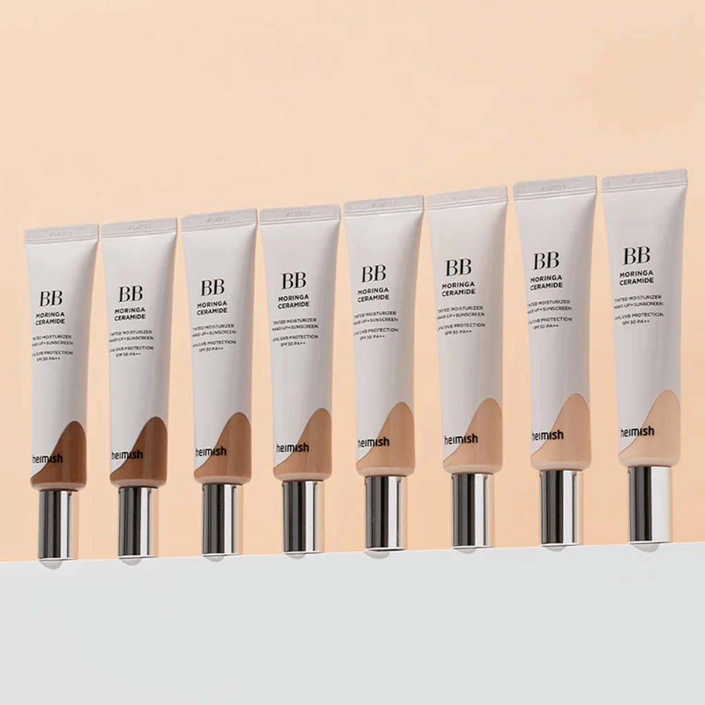 Reihe von Heimish Moringa Ceramide BB Cream in mehreren Farbtönen. Das Bild veranschaulicht die Variation von helleren zu dunkleren gesichtswasser, um zu verschiedenen Hauttönen und Bedürfnissen zu passen.