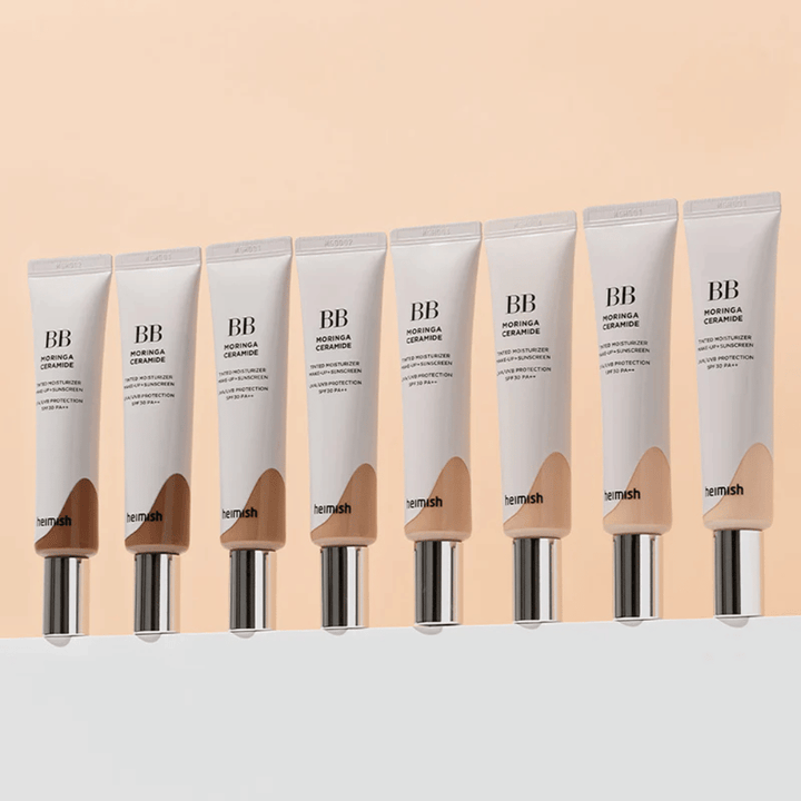 Reihe von Heimish Moringa Ceramide BB Cream in mehreren Farbtönen. Das Bild veranschaulicht die Variation von helleren zu dunkleren gesichtswasser, um zu verschiedenen Hauttönen und Bedürfnissen zu passen.