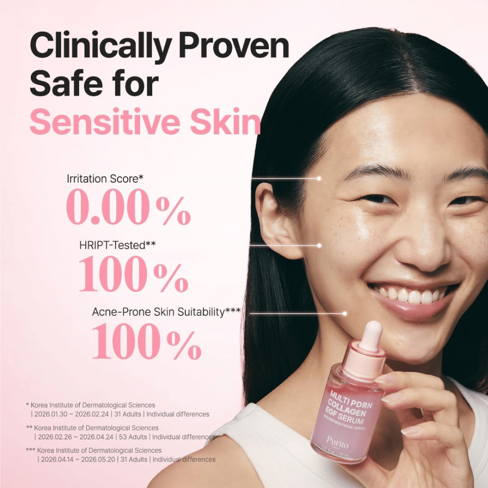 Purito Multi PDRN Collagen EGF Serum – klinisch getestetes Serum, das für empfindliche und zu Akne neigende Haut geeignet ist.