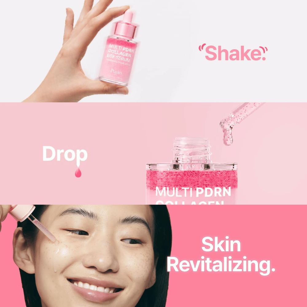Purito Multi PDRN Collagen EGF Serum – Auftragen des rosafarbenen Serums für mit Feuchtigkeit versorgte und revitalisierte Haut.