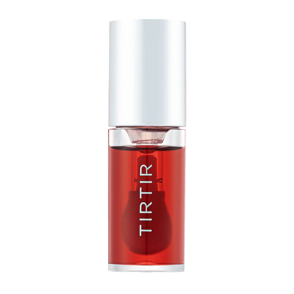 TIRTIR My Glow Lip Oil in transparenter roter Farbton mit Silberdeckel, direkt von vorne gegen weißen Hintergrund gezeigt.