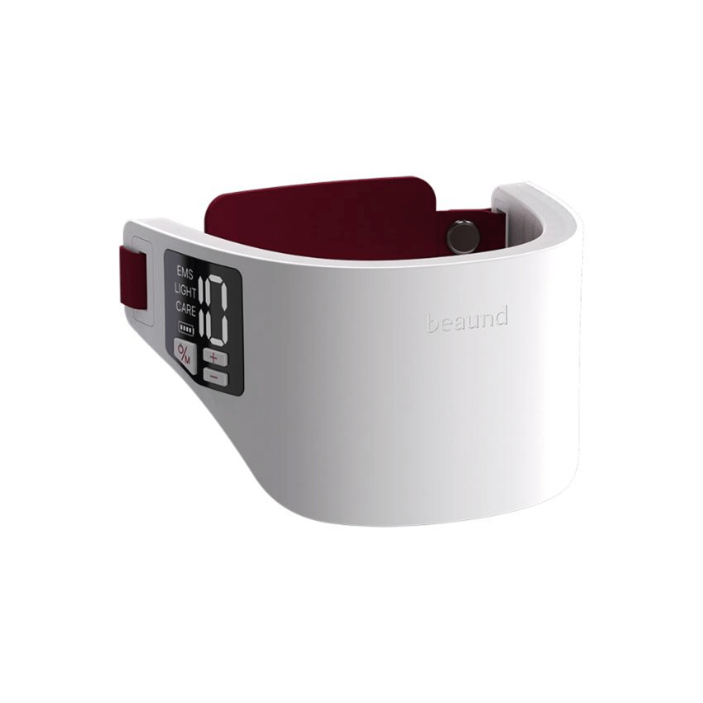 Beaund Neckcera mit angebrachtem verstellbarem Band. Das Bild zeigt, wie das Gerät angepasst wird, damit es während der Anwendung stabil um den Hals sitzt.