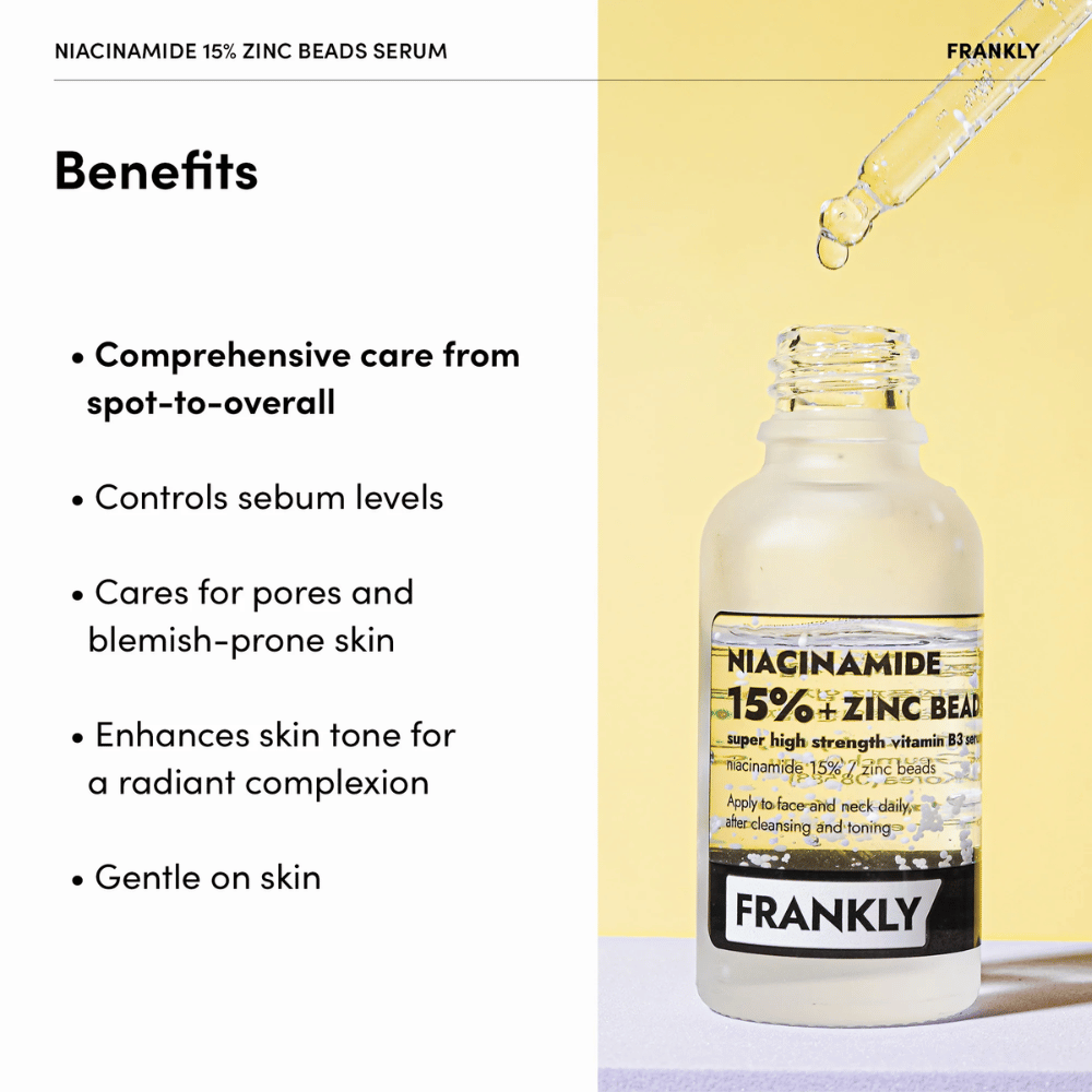 Flasche mit FRANKLY Niacinamid 15% + Zinkperlen Serum auf gelbem Hintergrund. Text listet Vorteile: ausgleicht Talg, reduziert Poren und ebnet Hautton.