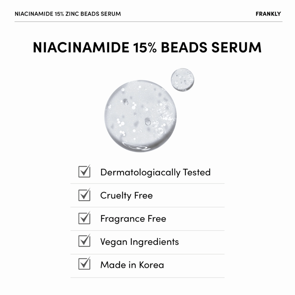 Klares Gel mit weißen Perlen in FRANKLY Niacinamid 15% + Zinkperlen Serum. Text zeigt, dass das Produkt vegan, parfümfrei und dermatologisch getestet ist.