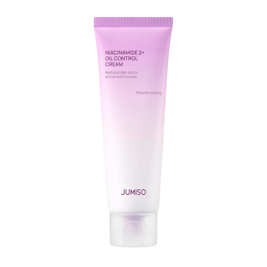 Produktbild von JUMISO Niacinamide 2+ Oil Control Cream auf hellem Hintergrund. Die rosa-weiße Tube hebt den Fokus des Produkts auf Talgkontrolle, Porenverkleinerung und einen verbesserten Hautton für fettige und Mischhaut hervor.