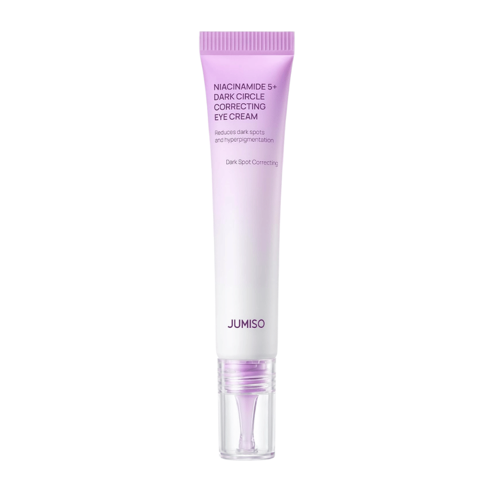 5. Jumiso Niacinamide 5+ Dark Circle Correcting Eye Cream – lila und weiße Tube mit transparentem Applikator vor weißem Hintergrund