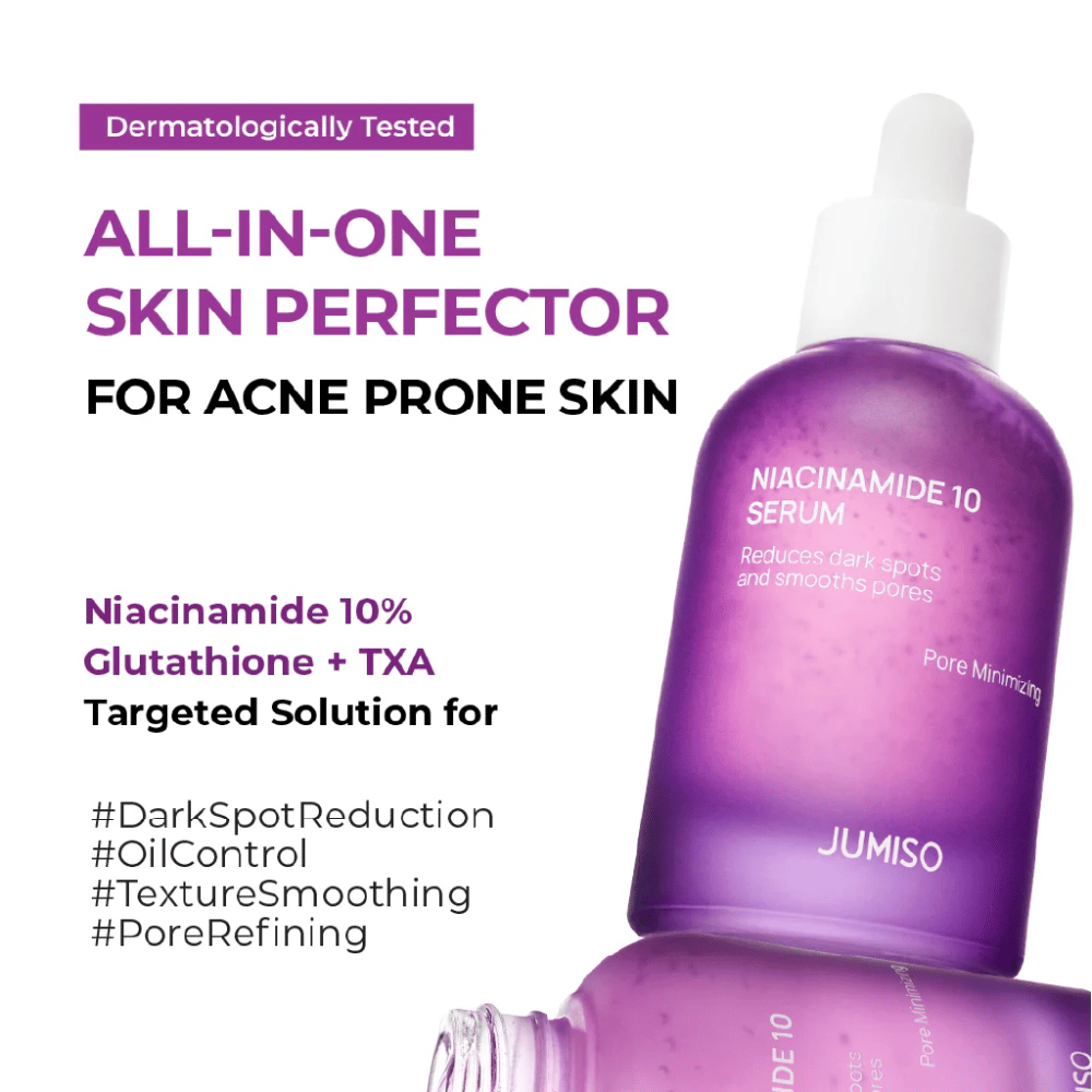 Jumiso Niacinamide 10 Serum – ein All-in-One-Serum für zu Akne neigende Haut mit 10 % Niacinamid, Glutathion und TXA, das dunkle Flecken und Poren reduziert.