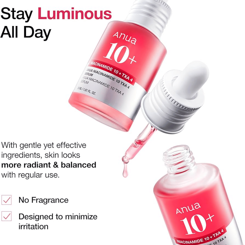 Hocheffektives Serum mit 10% Niacinamid und 4% Tranexamsäure für einen gleichmäßigeren, strahlenden Hautton. Parfümfreie Formel, die Irritationen minimiert und die Haut ausgleicht.