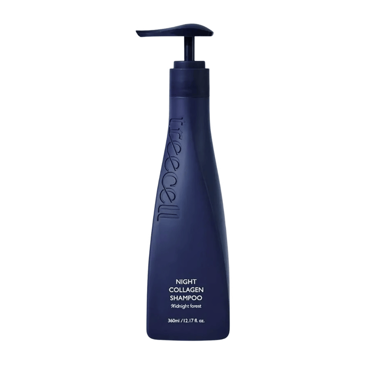 Stilvolles freigestelltes Produktbild von Treecell Night Collagen Shampoo Midnight Forest vor hellem Hintergrund mit Fokus auf minimalistisches Design und Premium-Gefühl.