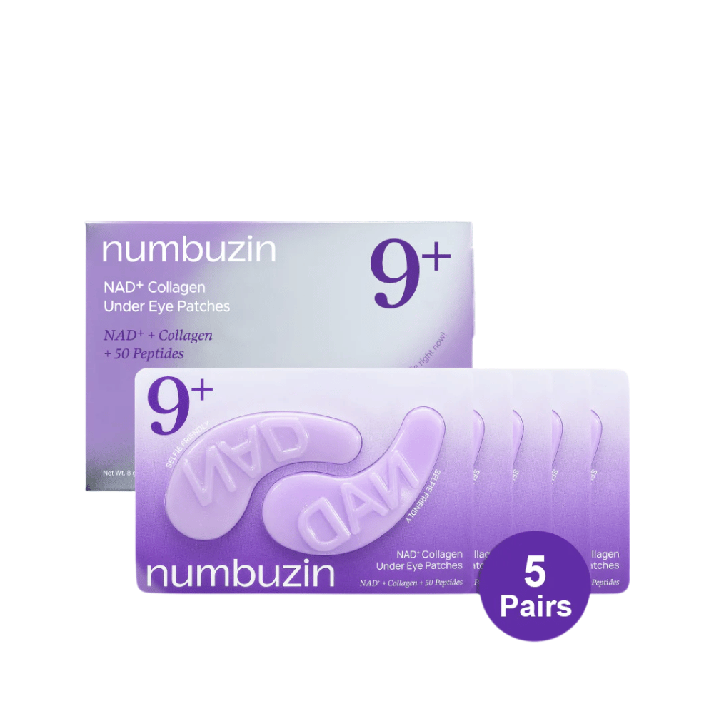 Verpackung von numbuzen No.9 NAD+ Collagen Under Eye Patches – 5 Paar kollagenreiche Pads mit NAD+ und Peptiden.