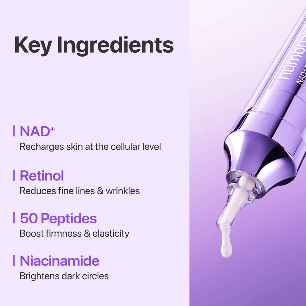 Schlüsselzutaten in No.9 NAD+ Retinol Volumetox Eye Cream, mit NAD+, Retinol, 50 Peptiden und Niacinamid, die helfen, die Haut zu stärken und feine Linien zu reduzieren.