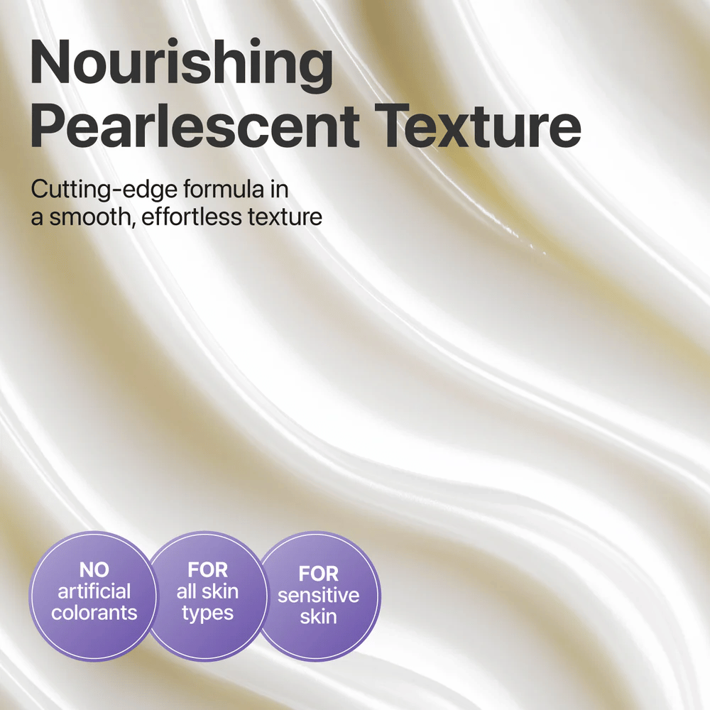 Nahaufnahme der perlmuttartigen Textur in No.9 NAD+ Retinol Volumetox Eye Cream, eine pflegende und weiche Augencreme ohne künstliche Farbstoffe, geeignet für empfindliche Haut.