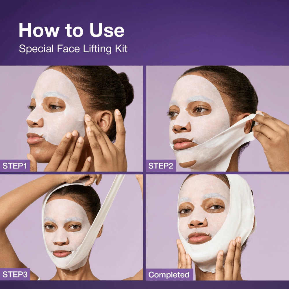 Schritt-für-Schritt-Bildanleitungen zur Anwendung eines Facelifting-Kits, bei denen das Modell die Gesichtsmaske aufträgt und das Hebeband anpasst, um die Behandlung abzuschließen.